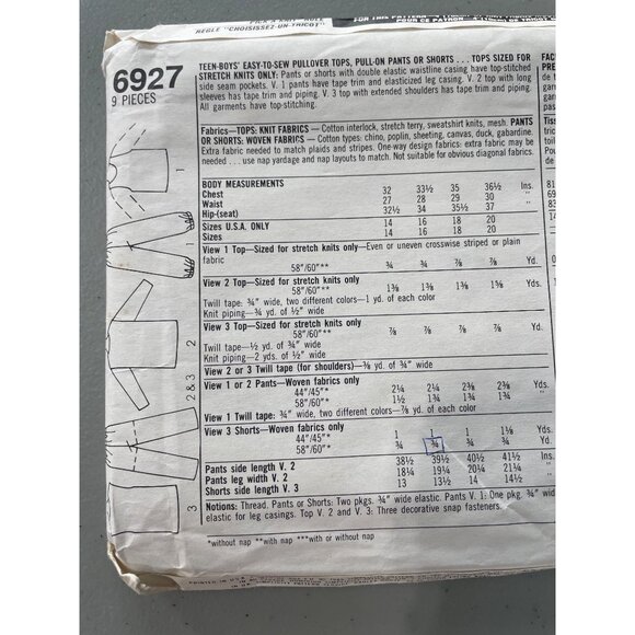 Simplicity 6927 Sewing Pattern Sizes 14-18 Teen Boys Tops Pants Shorts UNCUT - Picture 4 of 6